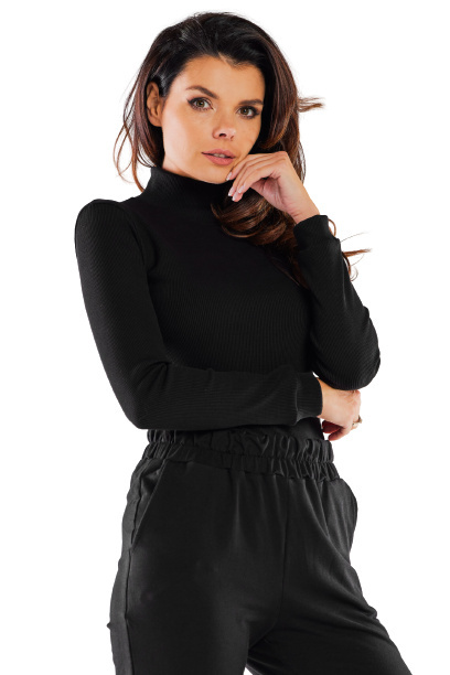 Bluzka damska z golfem prążkowana bawełniana długi rękaw czarna